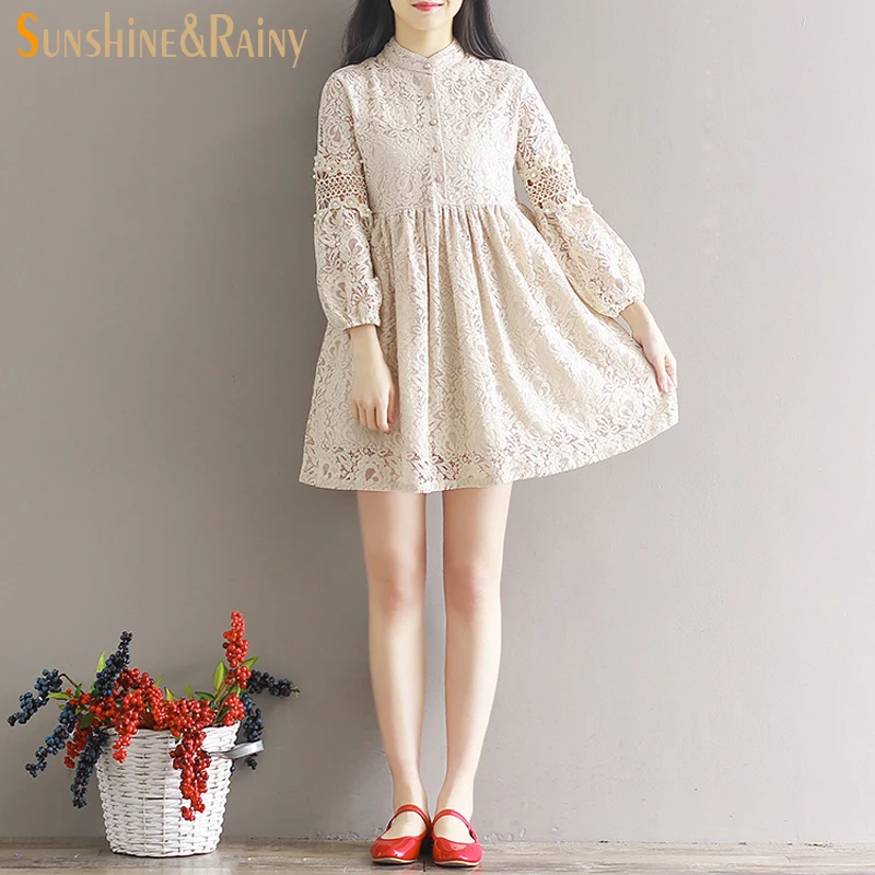 Весенне осеннее платье женское однотонное кружевное Ретро Кружевное свежее с