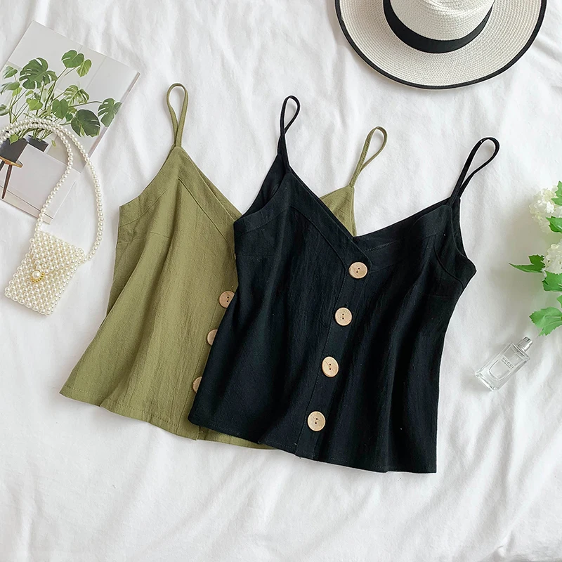 2019 новые женские майки ками женский белый черный топ с бретельками на пуговицах