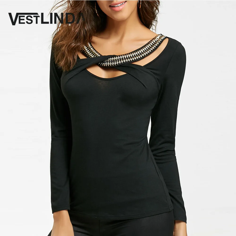 Женская футболка VESTLINDA черная с круглым вырезом и длинными рукавами украшенная