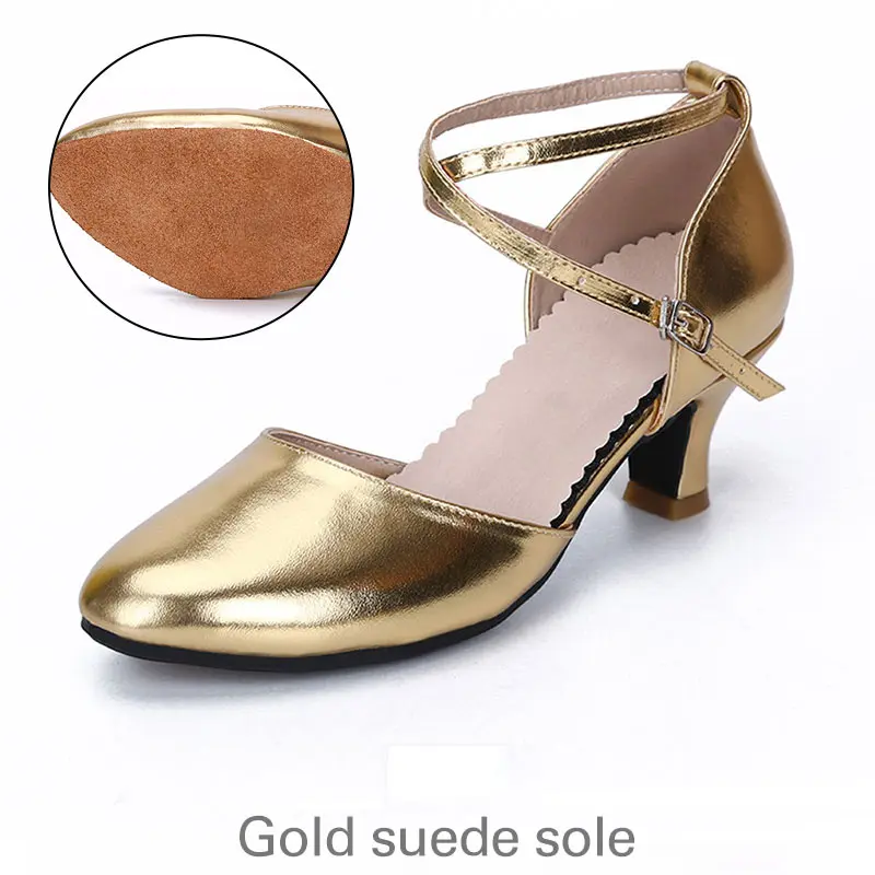 Gold suede sole Женская обувь для латинских танцев, лакированная кожа, сальса, танго, танцевальная обувь для девочек, мягкая подошва, Бальные уличные туфли на каблуке 5,5 см - Цвет: Gold suede sole