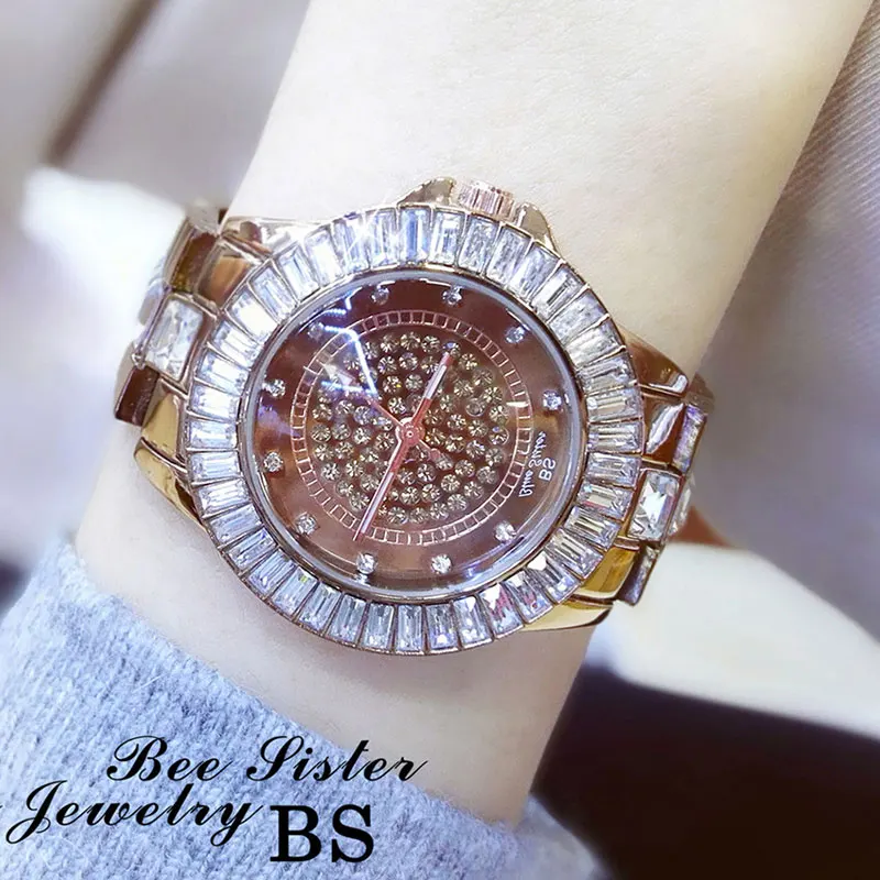 Модные Кварцевые часы Женские нарядные часы Reloj Mujer Роскошные брендовые новые золотые хрустальные женские наручные часы Montre Femme