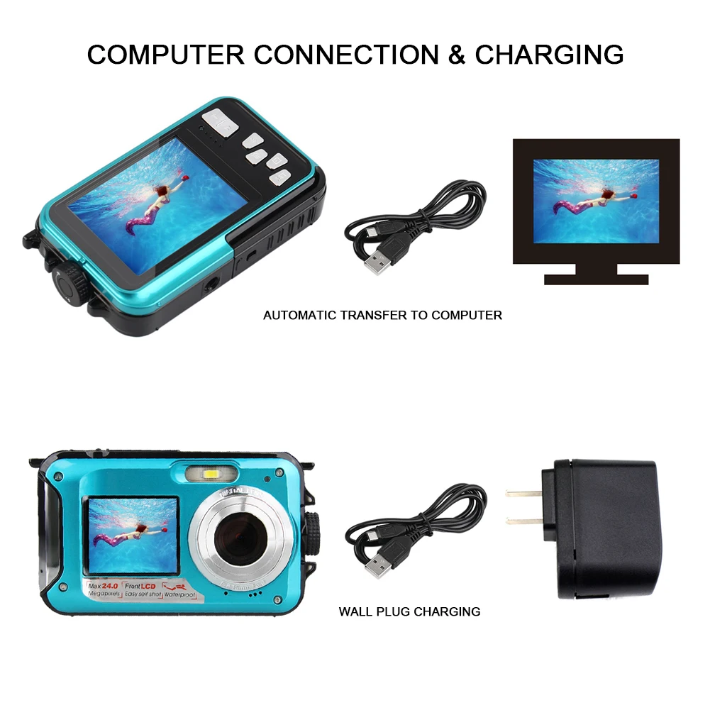 New Dual Screens Underwater Waterproof Shockproof 24MP 1080P Digital Photo Video Camera Camcorder | Электроника