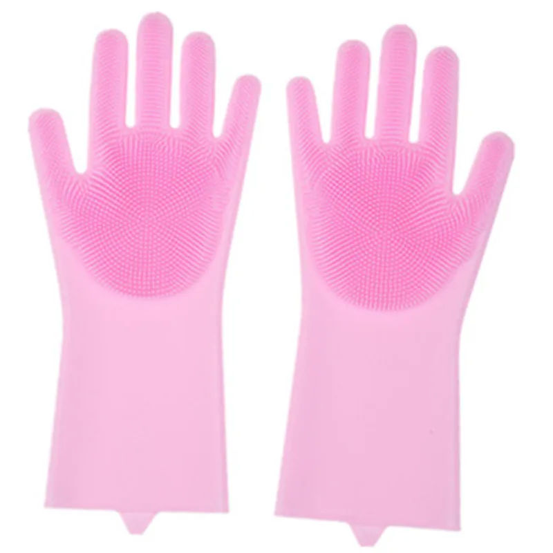 pink Glove 2 шт латексные перчатки для мытья посуды, силиконовые перчатки для скруббера, экологически чистые домашние перчатки для уборки дома, перчатки для ухода за домашними животными, губка - Color: pink Glove
