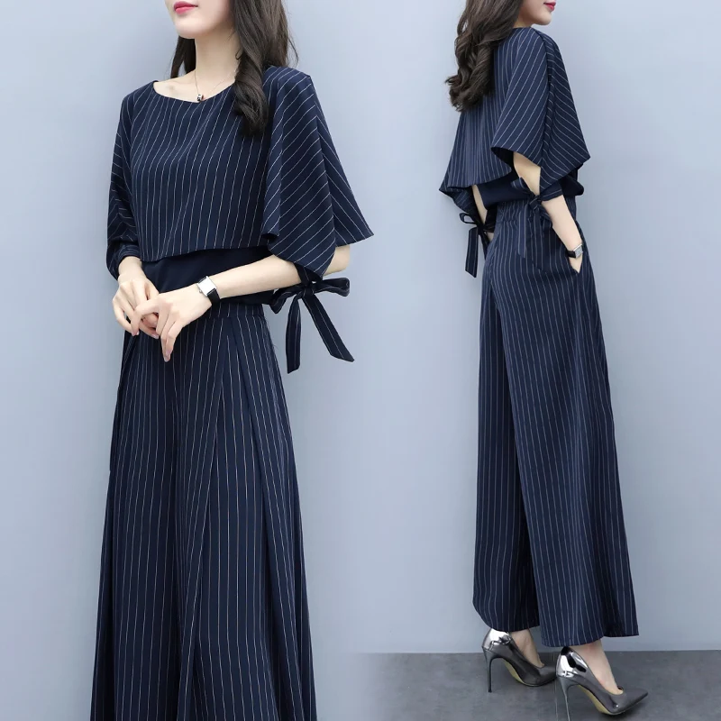 Женский комплект одежды из двух предметов стильный топ и штаны в полоску костюм