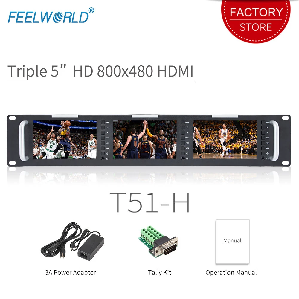 Feelworld T51 H тройной 5 дюймов 2RU Leightweight HDMI вещательный монитор LCD TFT 800x400 AV Rack Mount Monitor