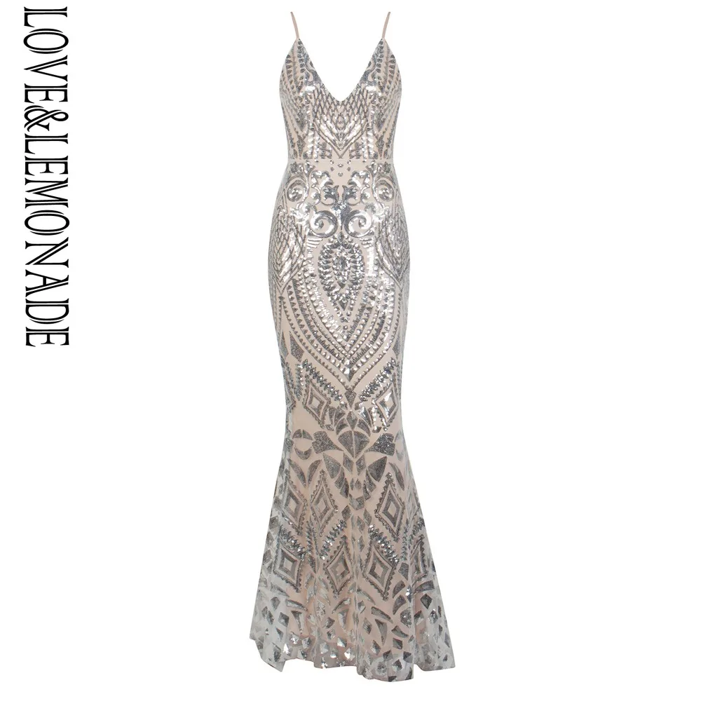 

LOVE&LEMONADE Sexy Deep V-Neck Open Back Silver Sequins Slim Long Dress LM81632