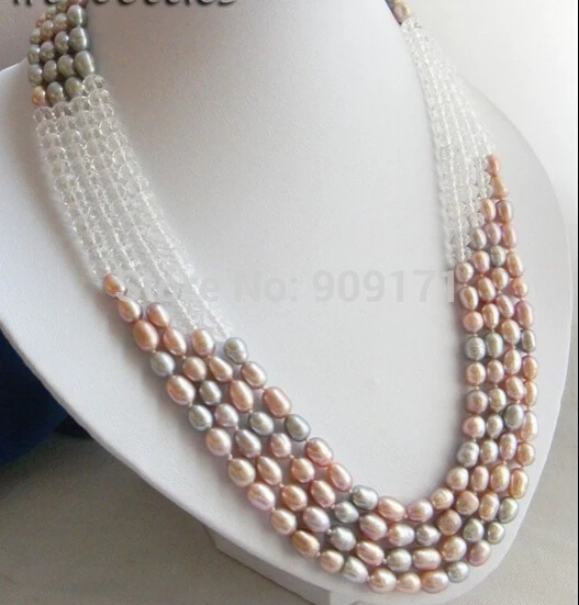 4Strands 17'' 7MM Rice Gray Lavender Freshwater Pearl Clear Crystal Necklace | Украшения и аксессуары