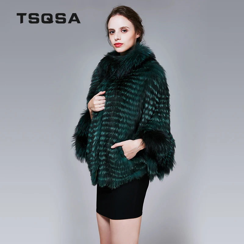 TSQSA Настоящее Щепка лисий мех Для женщин пальто мода Slim Bat рукавами женский