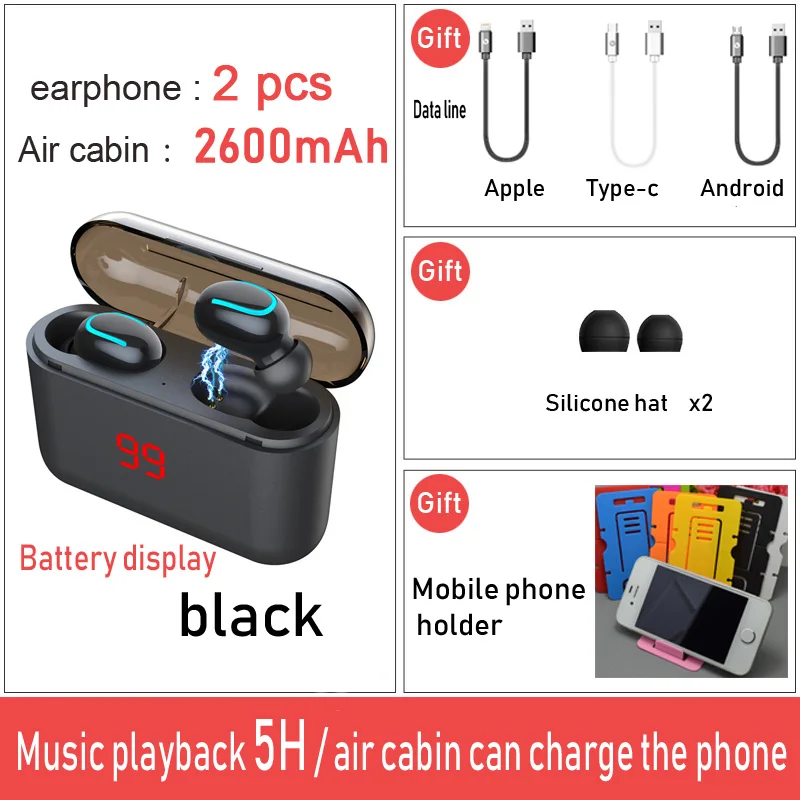 2600mAh -A Новые TWS беспроводные bluetooth-наушники с зарядным устройством, Спортивные Беспроводные наушники с HD микрофоном, водонепроницаемые наушники с шумоподавлением - Цвет: 2600mAh -A