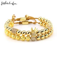 luxury crown bracelets set paved white cz ball charm copper bead macrame handmade adjustable bracelets bangles for men jewelry
