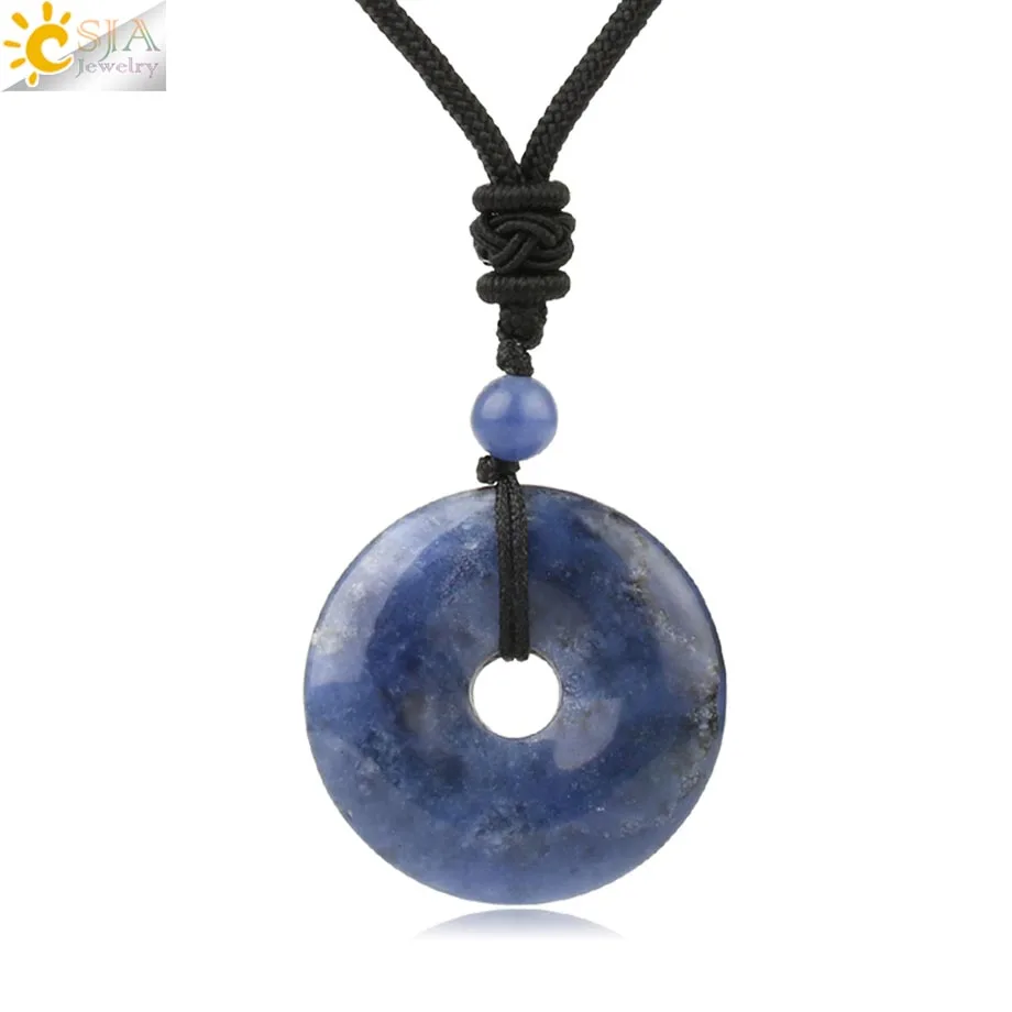 Sodalite Csja натуральные драгоценные камни подвеска-пончик ожерелья для девочек рейки розовый кристалл тигровый глаз зеленый авантюрин мох Агаты для мужчин веревка S458 - Окраска металла: Sodalite