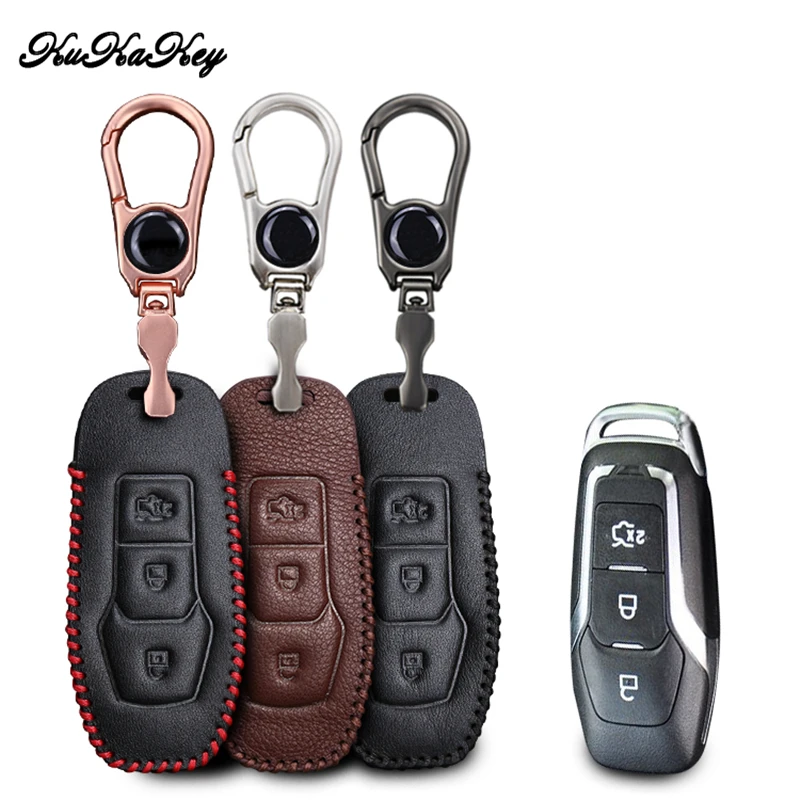 

KUKAKEY Leather Car Key Case Cover For Ford Edge Engine Mustang Mondeo Fiesta Focus 3 MK3 Smart Remote Key Shell