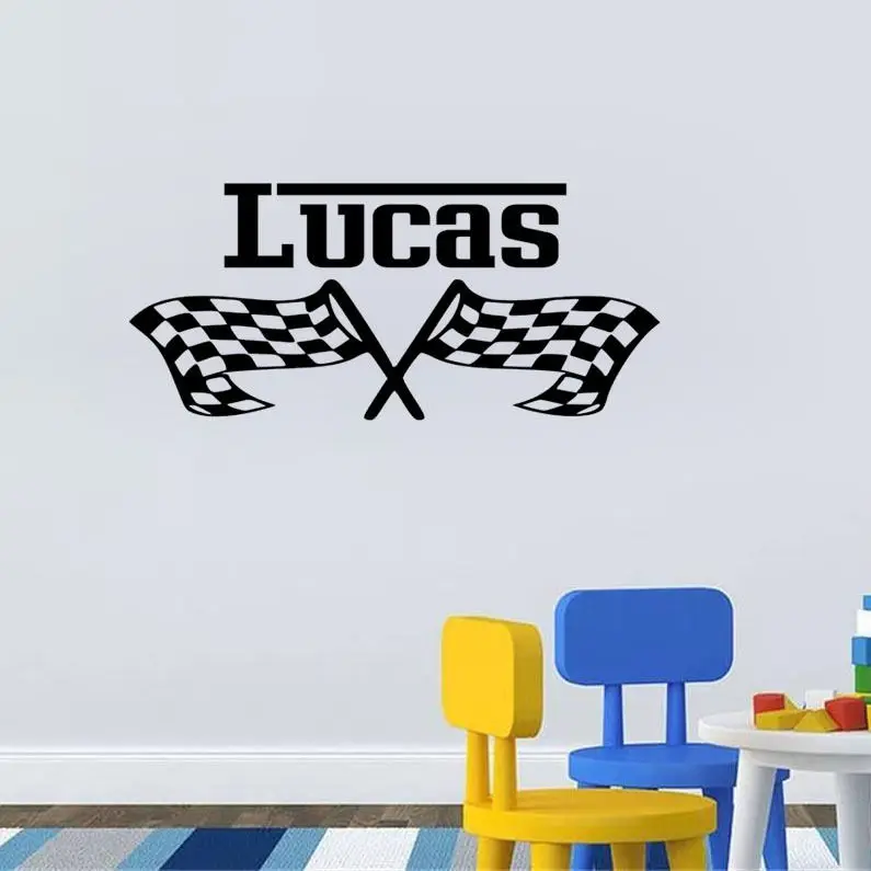Customized Personalised Race Flags Vinyl Wall Sticker Your Name Art Decal free shipping | Дом и сад