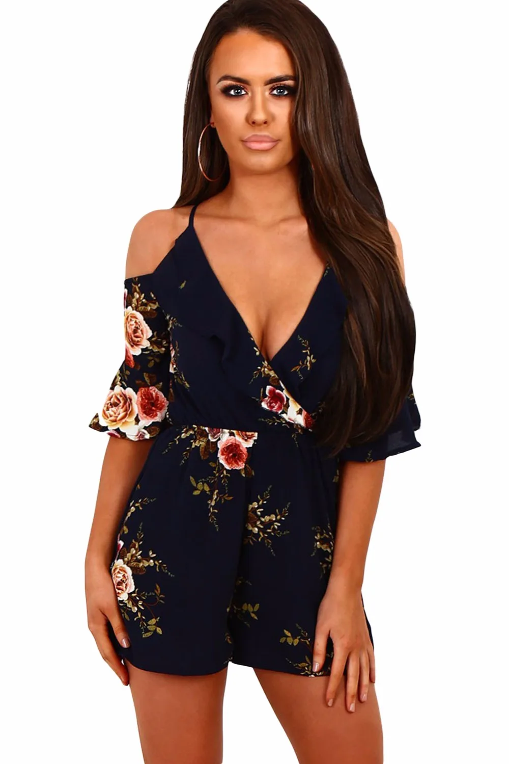 Абрикос multi цветочные оборками Обёрточная бумага открытыми плечами комбинезоны