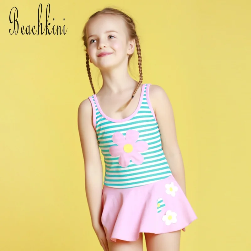 Полосатый слитный купальник с кружевной отделкой для девочек купальный костюм