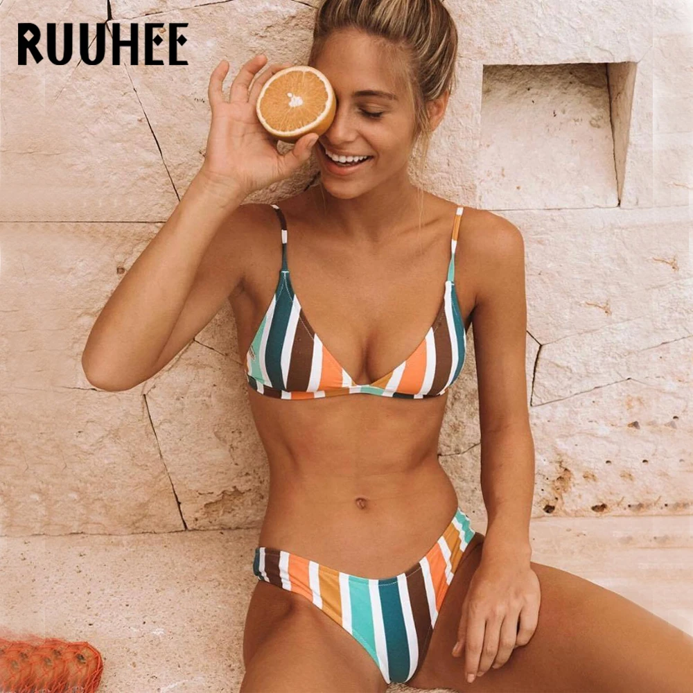 Купальник RUUHEE, женское бикини,, полосатый купальник, купальник, женский бикини, набор, пуш-ап, для женщин, низкая талия, летняя пляжная одежда