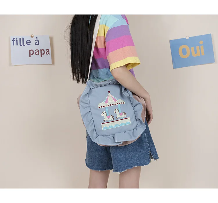 Harajuku Cartoon Embroidery Female Student Handbag New Hot Women's Color Matching Ruffled Shoulder Bag Messenger Bag
