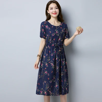 Navy blue Летнее платье с коротким рукавом из хлопка и льна, женская одежда, платье до середины икры, подходит ко всему размера плюс, эластичная талия, тонкое платье с цветочным принтом - Цвет: Navy blue