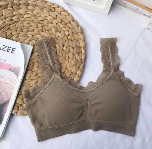 light coffee color Бюстгальтер с кружевной подкладкой для женщин, модный беспроводной бюстгальтер, 4 цвета, летний укороченный топ для девочек, нижнее белье, свободный размер - Цвет: light coffee color