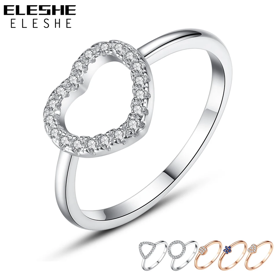 ELESHE, роскошные 925 пробы, серебряные кольца для женщин, кубический циркон, кристалл, сердце, Круглый, розовое золото, кольцо на палец, свадебные ювелирные изделия