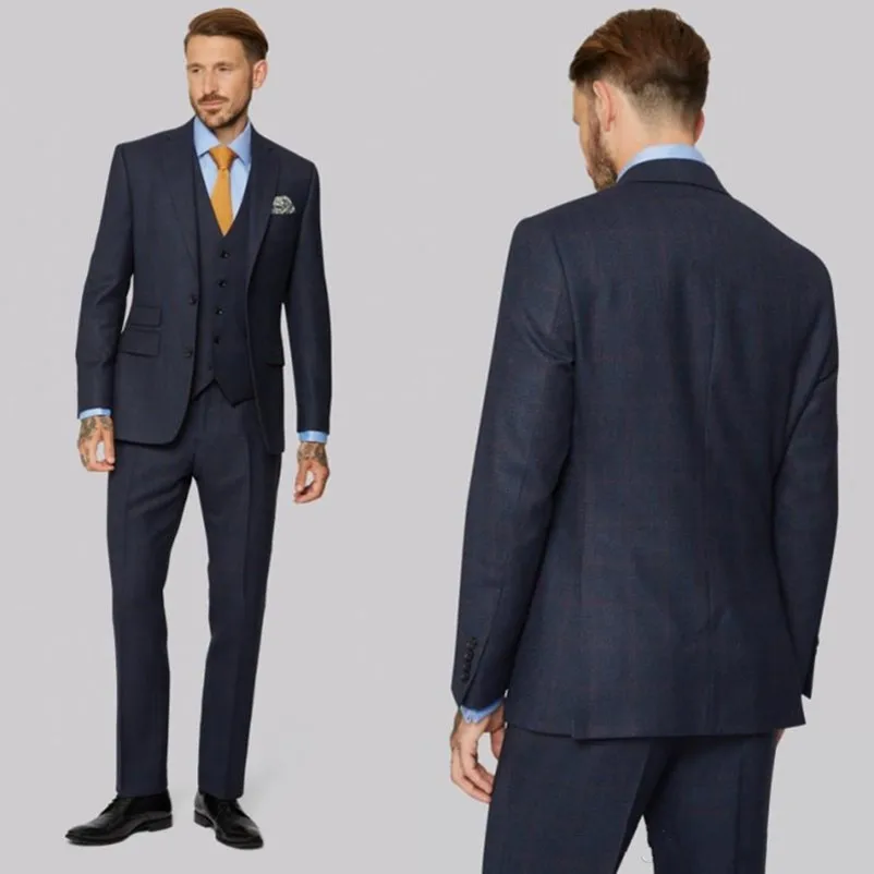 

Handsome Men Suits Wedding Tuxedos Dark Blue Custom Made Groom Suits Groomsmen Suits Formal Business Wear (Jacket+pant+vest)