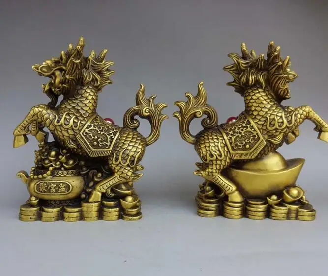 Китайский латунный Медь Feng Shui резной охранник зла Kylin QiLin пара статуй зверей | Дом