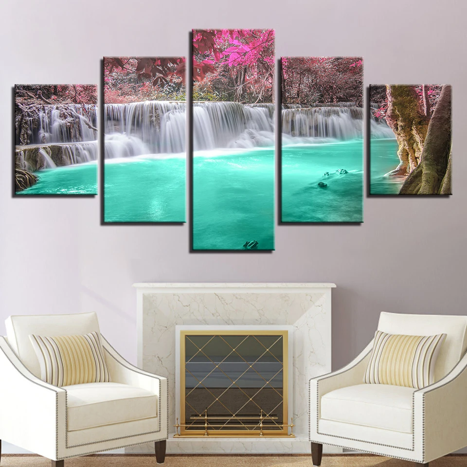 

Canvas Wall Art HD Prints Pictures Home Decor Framework 5 Pieces Forest Waterfall Scenery Paintings Green Lake Red Trees Posters