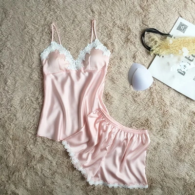 light pink set Fiklyc брендовые пижамные комплекты для женщин, модная кружевная атласная пижама, летняя одежда для сна, сексуальное нижнее белье, пижамы, пижамы для женщин, домашняя одежда, новинка - Цвет: light pink set