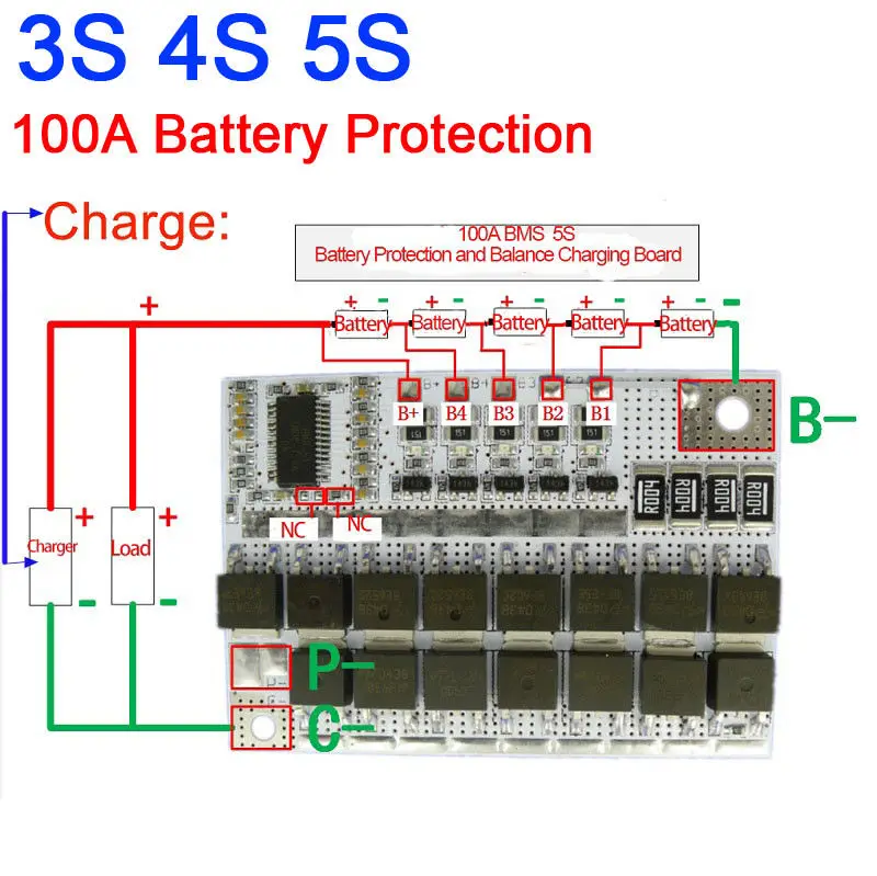 Protección de batería de litio LiFePO4 3S 4S, 100A, 12V, con Balance de carga, BMS, protección, placa PCB, 3, 4, 5 celdas