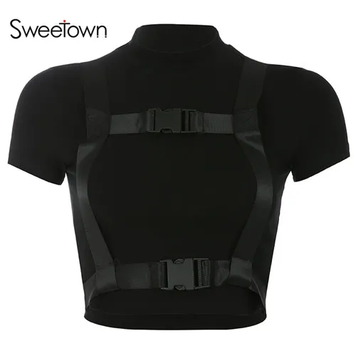 black Sweetown, черная, тонкая, сексуальная, женская, базовая футболка, короткий рукав, o-образный вырез, футболка, женская, хит, летняя, кроп-топы с перекрестной пряжкой, лента - Цвет: black