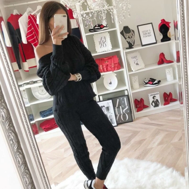 Twist Knitted 2 Piece Set Women Long Sleeve Pullover Sweater + Split Pants Sexy Lady Knitting trousers Suit | Женская одежда