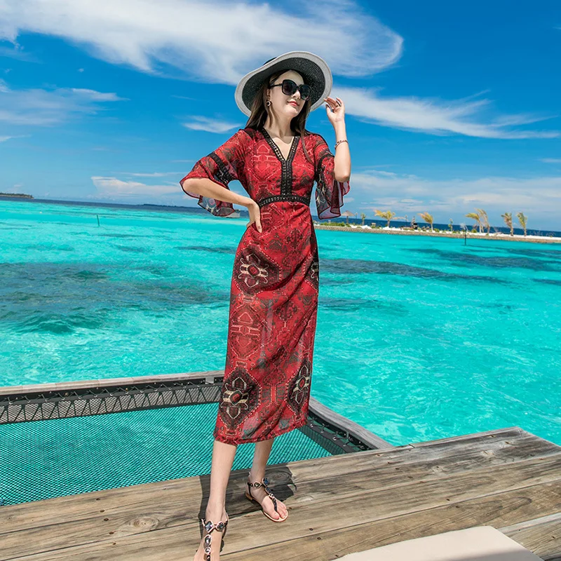 Женское винтажное шифоновое платье с цветочным принтом и V-образным вырезом |