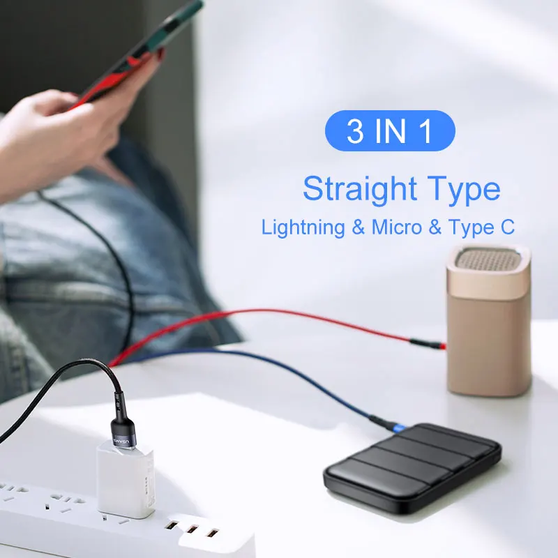 3 in 1 Straight 1.2M USAMS 4 в 1 Micro USB кабель 3A type C кабель для iPhone USB C кабель для зарядки 3 в 1 Пружинные шнуры для iPhone x xs samsung - Цвет: 3 in 1 Straight 1.2M