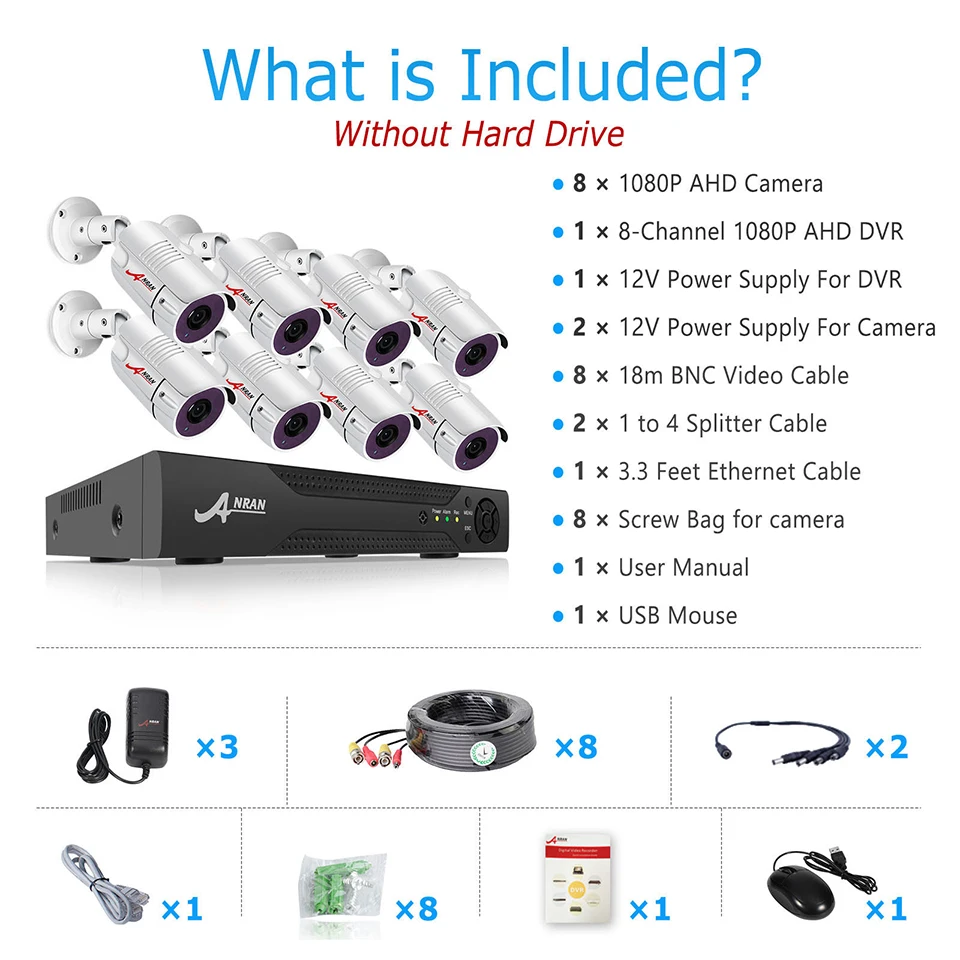 ANRAN CCTV 2.0MP 8CH HD AHD DVR система Комплект 3000TVL 1080P 36IR для дневной и ночной съемки