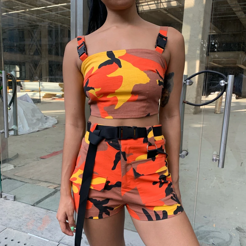 Dulzura summer women two piece set shorts set camouflage streetwear crop top outfit cargo pocket tracksuit 2 piece clothes