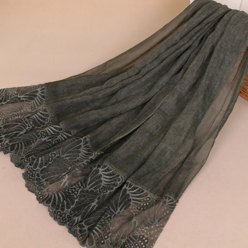 Olive Green Высококачественный Элегантный женский хлопковый шарф с цветочной вышивкой, кружевной Шелковый шарф для свадебной вечеринки, мусульманские хиджабы, шарфы YS431 - Цвет: Olive Green