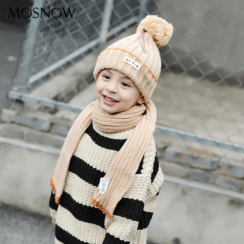 Новинка детская шапка шарф теплые толстые шапки тянущаяся вязаная с помпоном для