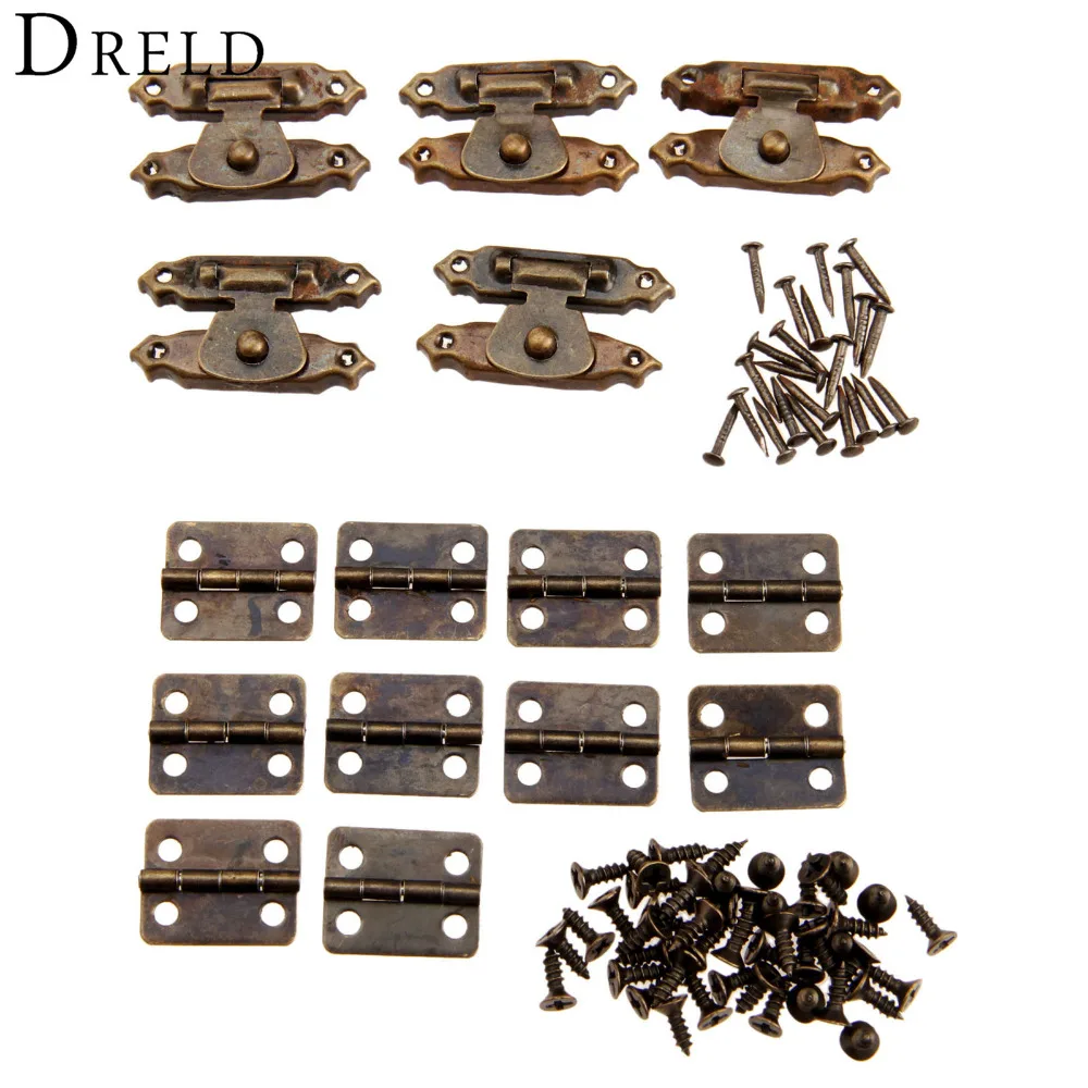 

10Pcs Antique Bronze Furniture Cabinet Hinges + 5Pcs Jewelry Wooden Box CaseToggle Hasp Latch Iron Vintage Hardware Accessories