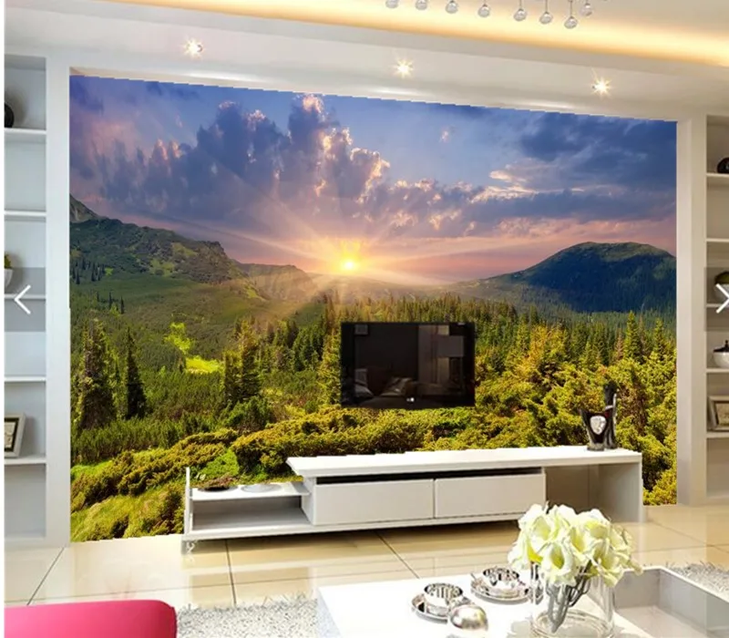 Пользовательские 3D горы подъемы и подсолнухи лесные деревья лучи света