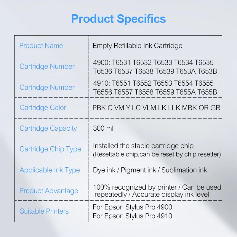 Пустые многоразовые чернильные картриджи T6531 для Epson Stylus Pro 4900 4910 принтер 300 11