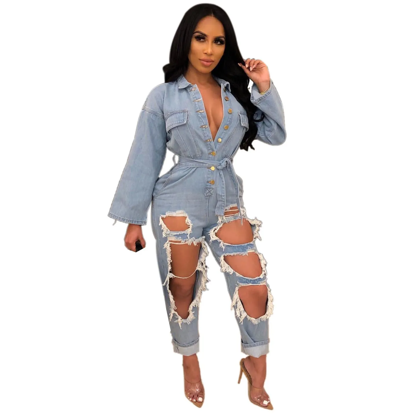 Женские джинсовые комбинезоны с рваными дырками комбинезон длинными рукавами
