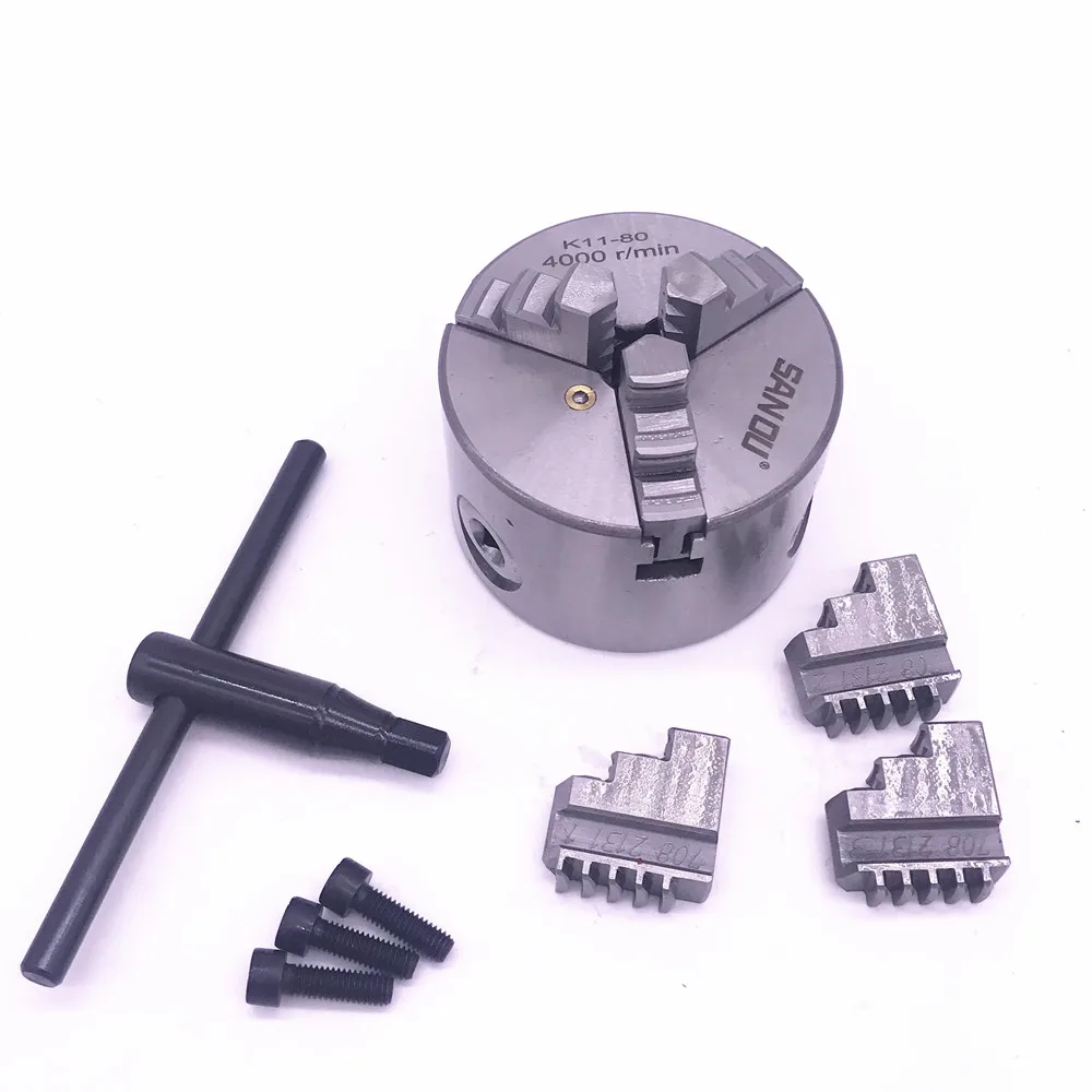 3 inch 3 Jaw K11-80 Mini LATHE Chuck Self-Centering K11 80 80mm with Wrench & Screws Hardened Steel for Drilling Milling Machine