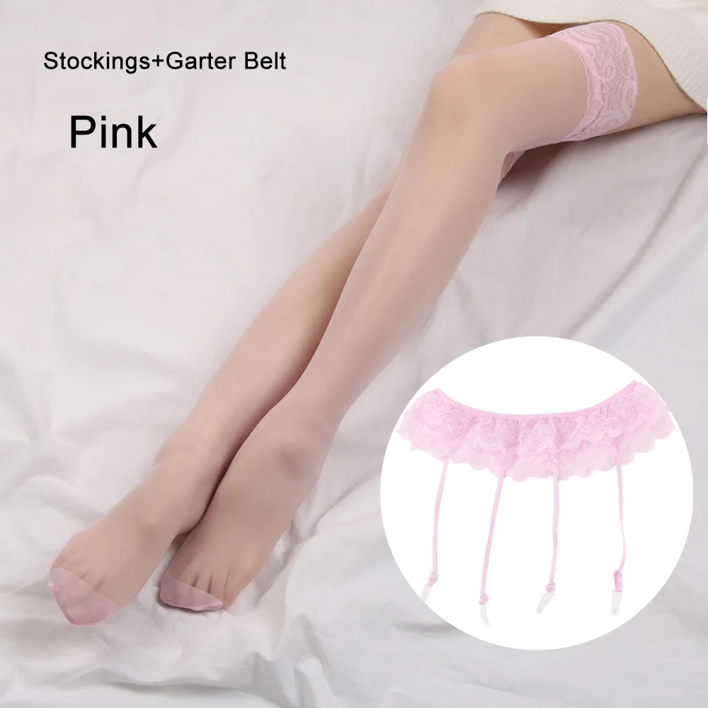 pink Высокие чулки до бедра, женские летние Гольфы выше колена+ чулки на подтяжках, сексуальные женские Чулочные изделия из нейлона с кружевом, чулки для отдыха размера плюс - Цвет: pink