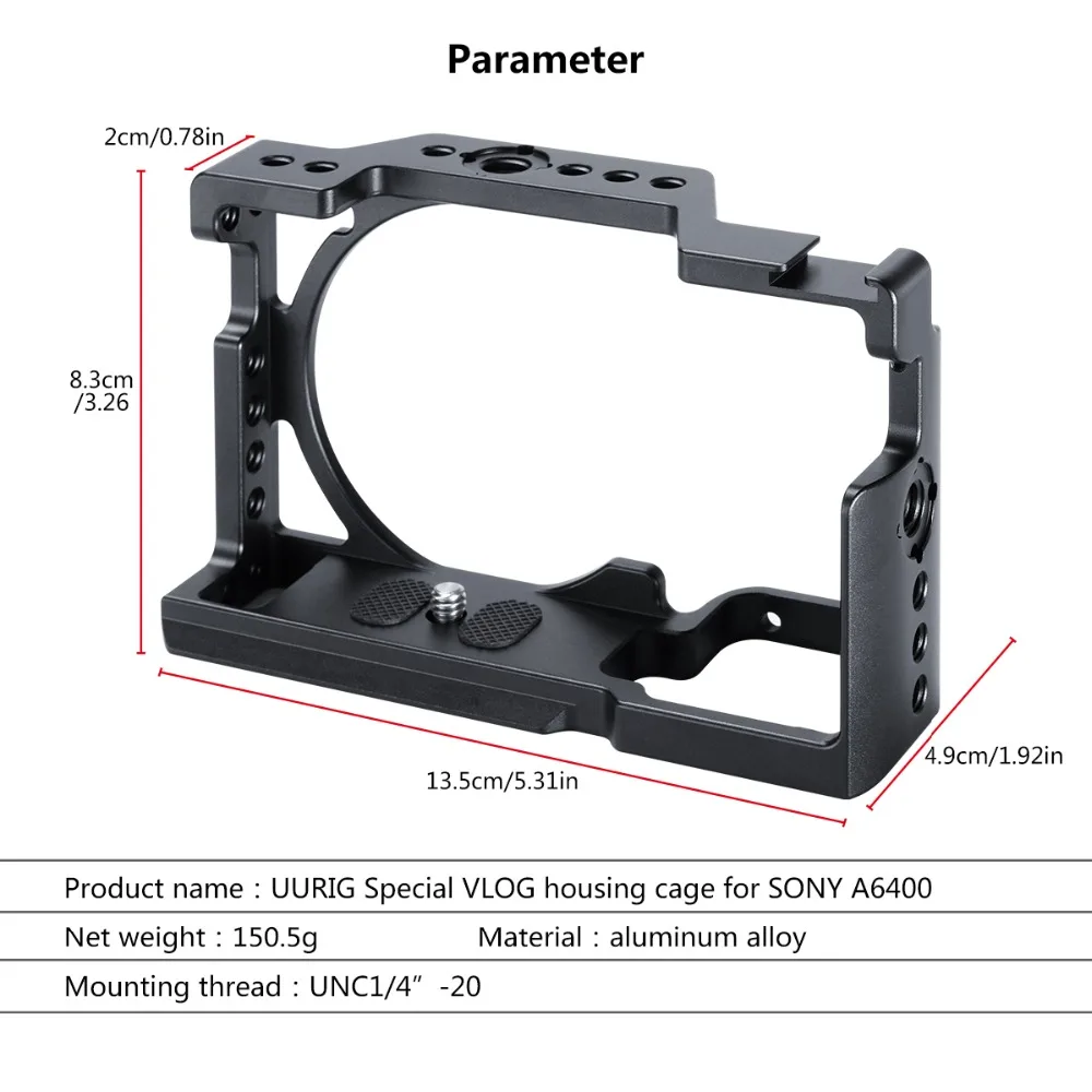 UURIG C-A6400 камера клетка крепление для SONY A6400 VLOG рукоятка Холодный башмак микрофона