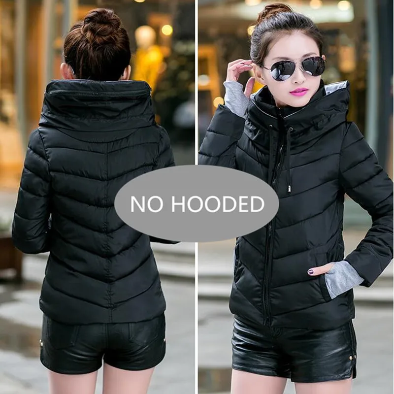 Black--No Hooded Женская зимняя куртка с капюшоном, короткая, с хлопковой подкладкой, Женское пальто, осень, casaco feminino inverno, однотонная парка, воротник-стойка - Цвет: Black--No Hooded