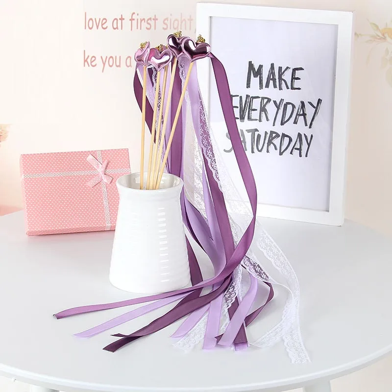 Romantic Heart Decoration Ribbon Wish Wands With Bells Party Fairy Stick Cheering Props birthday wedding|Флажки вымпелы и