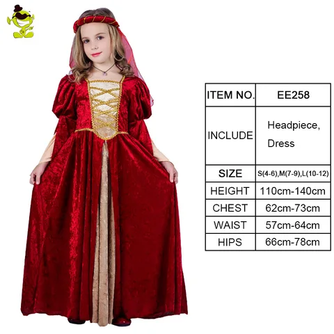 Детское платье средневековой эпохи для девочек, красное маскарадное платье королевы принцессы, наряд для девочек