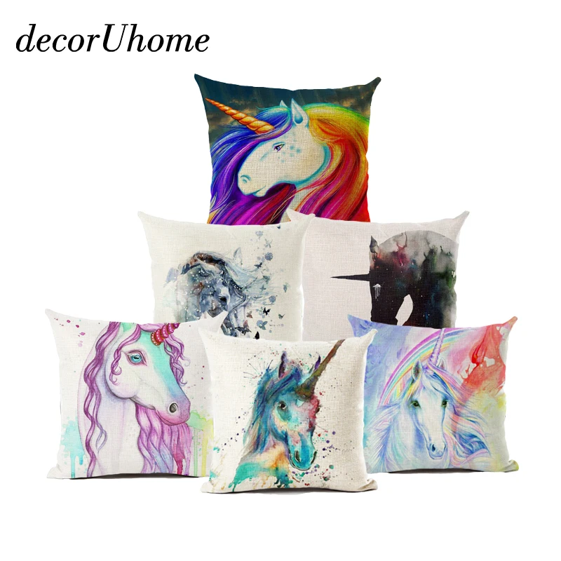 DecorUhome Nordic лен наволочка с акварельным рисунком Единорог Радужная подушечка