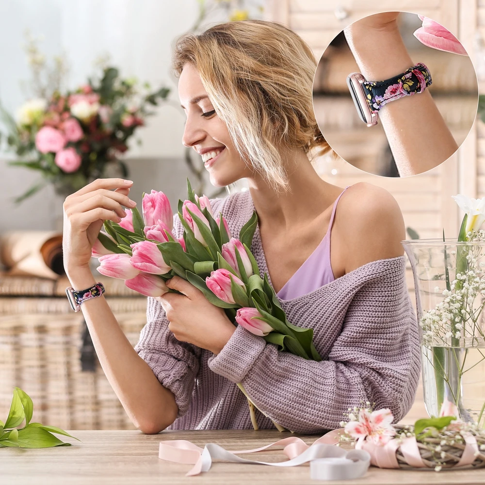 Ремешок кожаный для Apple Watch Band Премиум гибкий стильный браслет с цветочным