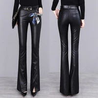 faux leather flare pants women 2022 winter autumn casual high waist skinny slim ol office pu trousers front split pants women